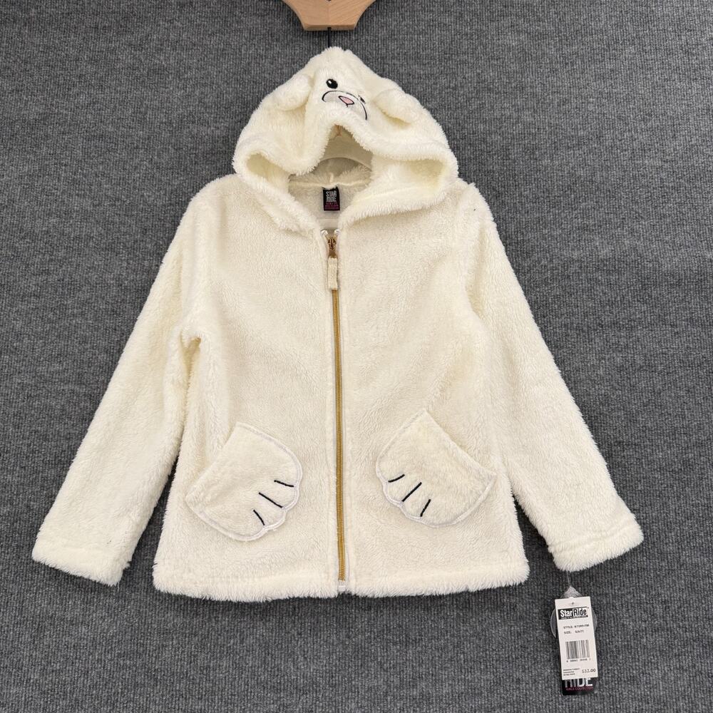Star Ride Girls Fuzzy Plush Puppy Hood Jacket Size 6/7 Cream Full Zip New